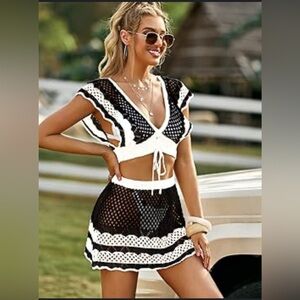 Women's 2 Piece Crochet Cover Up Set Out Backless Beach Swim Coverups Swimsuit
